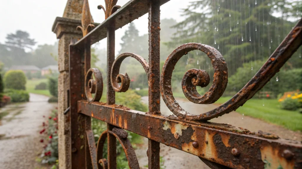 A close-up of a rusted wrought iron gate in a garden, with visible rust and rain droplets.