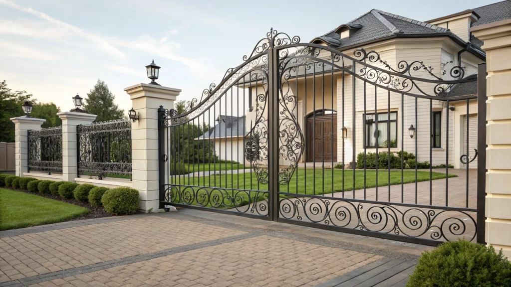 A side view of a custom metal driveway gate with intricate scrollwork.
