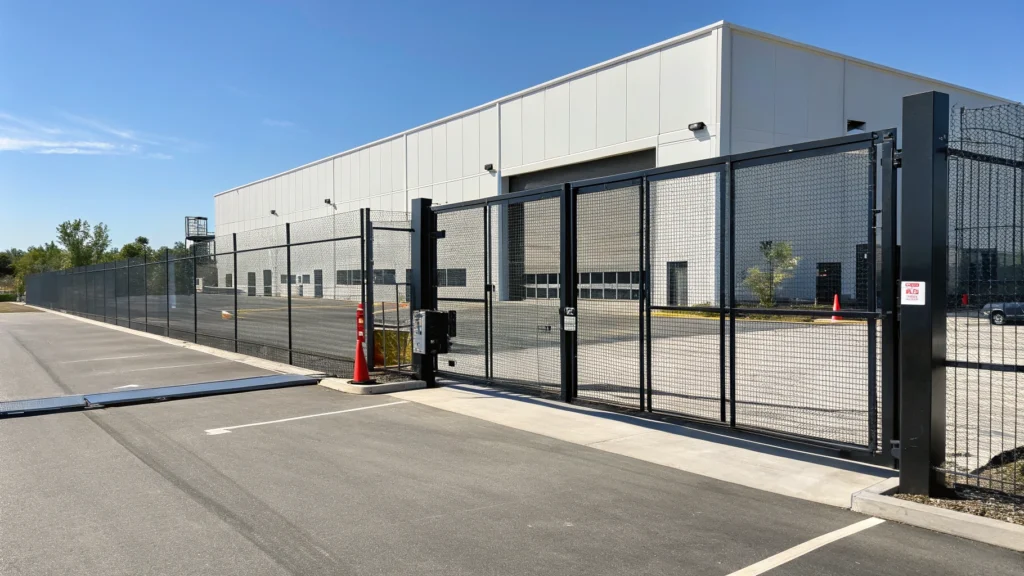 A sleek, modern commercial sliding gate offering secure access control for a business facility, highlighting Commercial Gate Installation features.