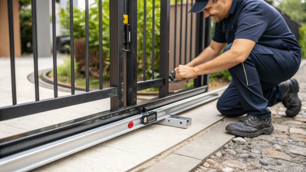 A technician adjusting a sliding gate’s track system to ensure proper operation.