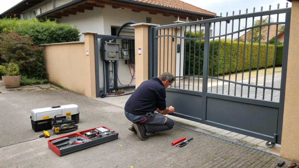 A technician diagnosing an electric gate motor, surrounded by tools and equipment.