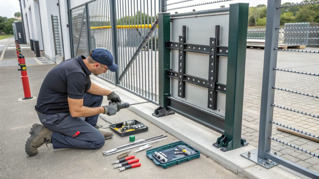 A technician working on lubricating the moving parts of a metal gate.