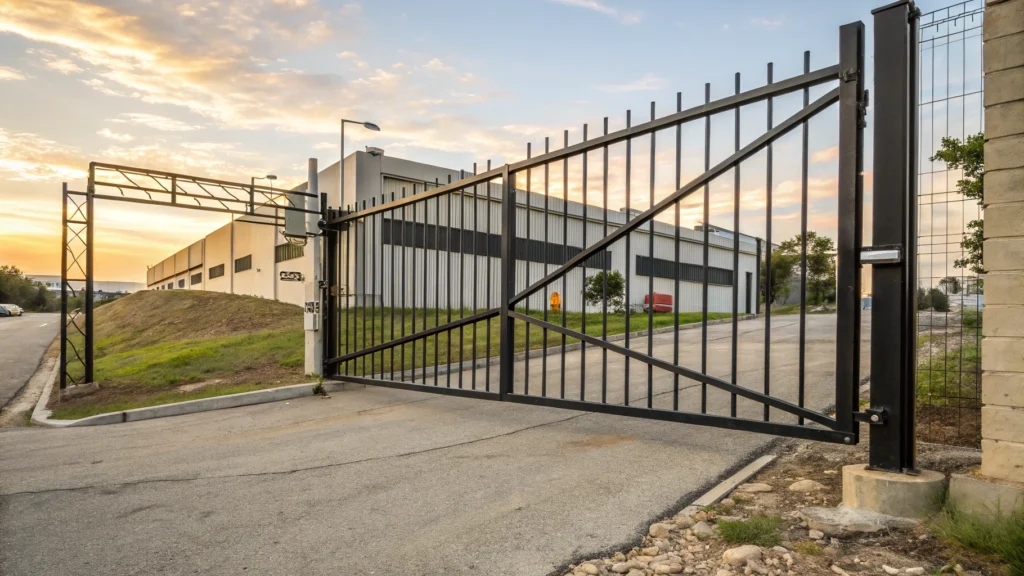 A sagging metal sliding gate at a commercial facility, showing a misaligned frame.