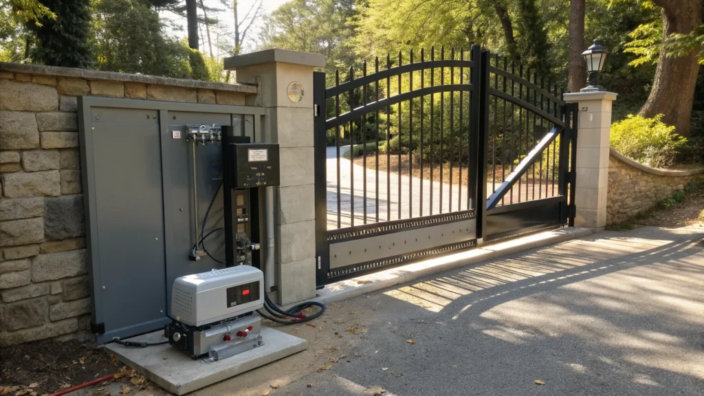 A residential automatic gate with an operational motor system that is struggling to fully open.