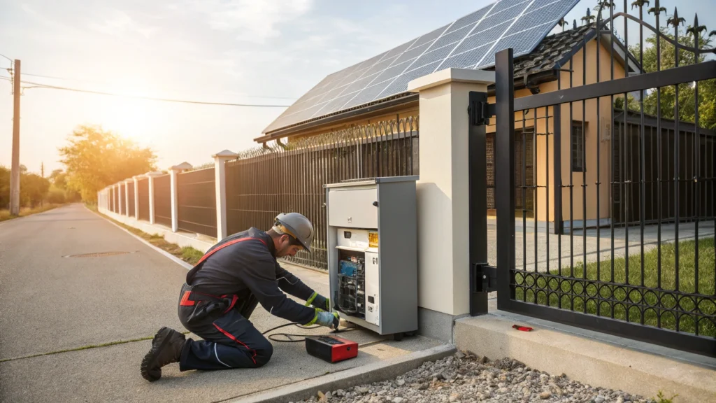 A technician replacing the battery of an automated gate system, with a solar panel in the background.