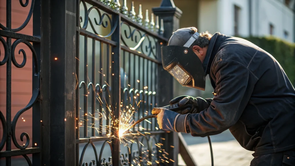 A technician welding a metal gate as sparks fly during the repair process, showcasing gate repair service.