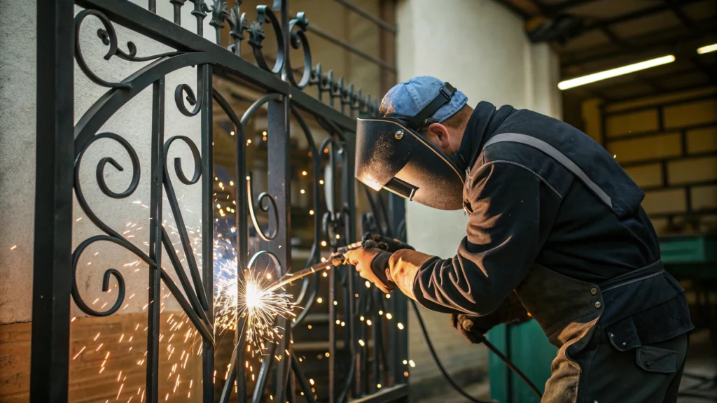 A technician welding a bent metal gate frame, sparks flying from the weld.