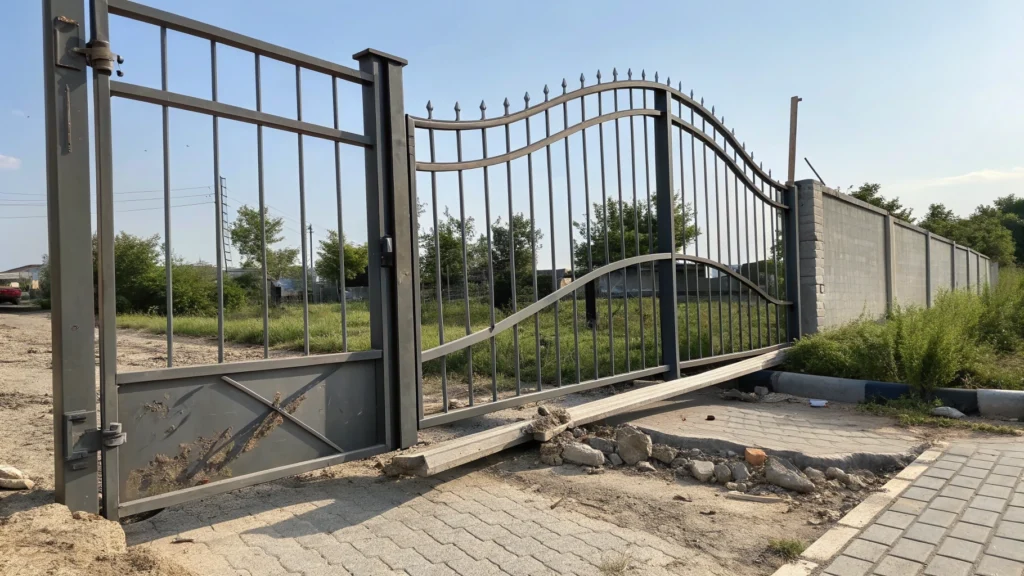 A warped metal driveway gate frame with damaged concrete near the base.
