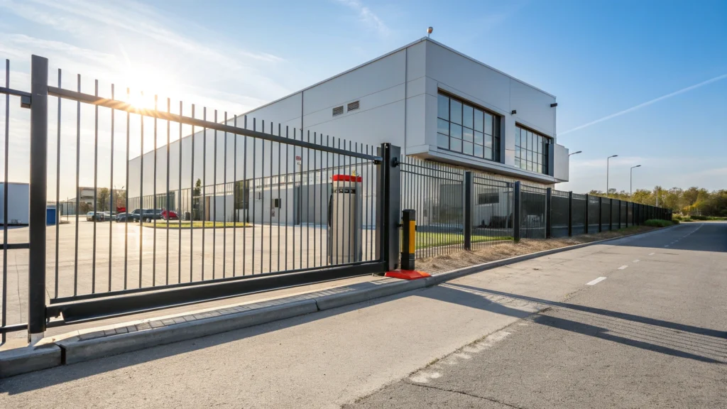 An automatic metal slide gate with secure entry system at a commercial facility.