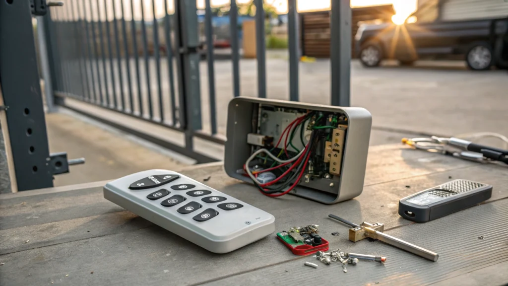A malfunctioning remote control and its components, with the remote opened and wires exposed.