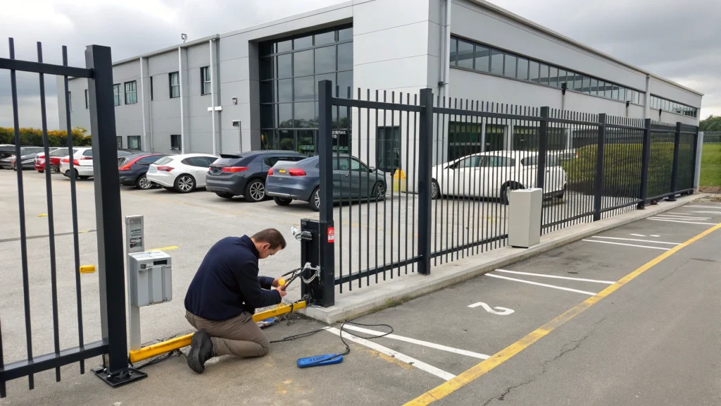 Technician servicing an automated security gate at an office parking lot.