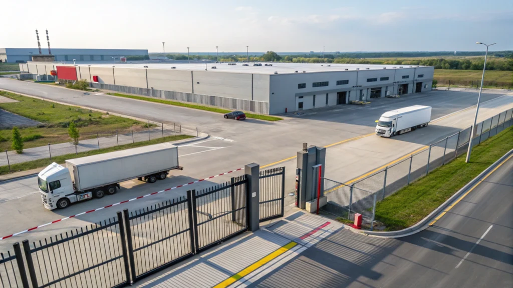 Overhead view of a commercial parking lot entrance with a truck passing through a security gate.