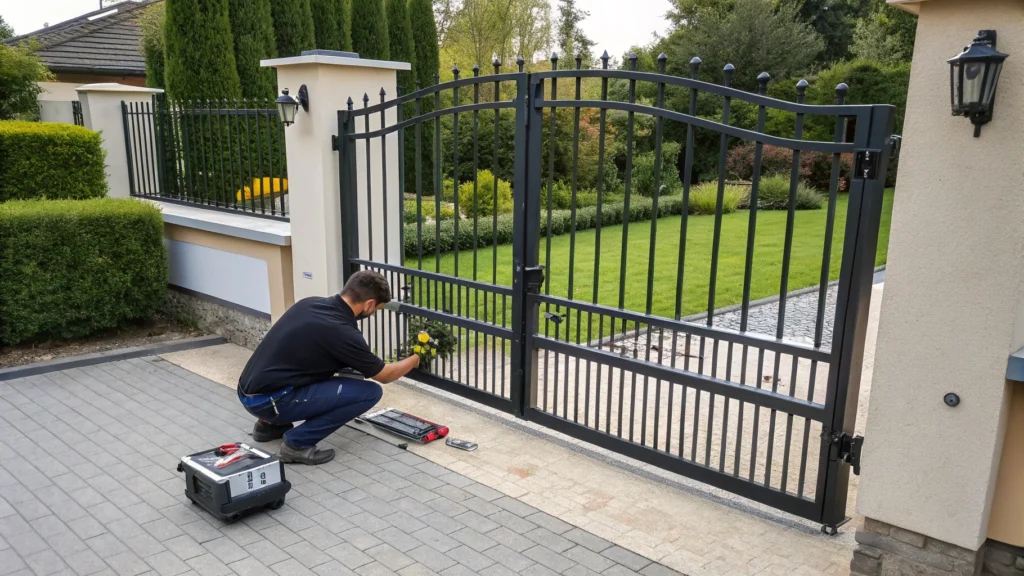 A technician performing maintenance on an automated driveway gate at a residential property.