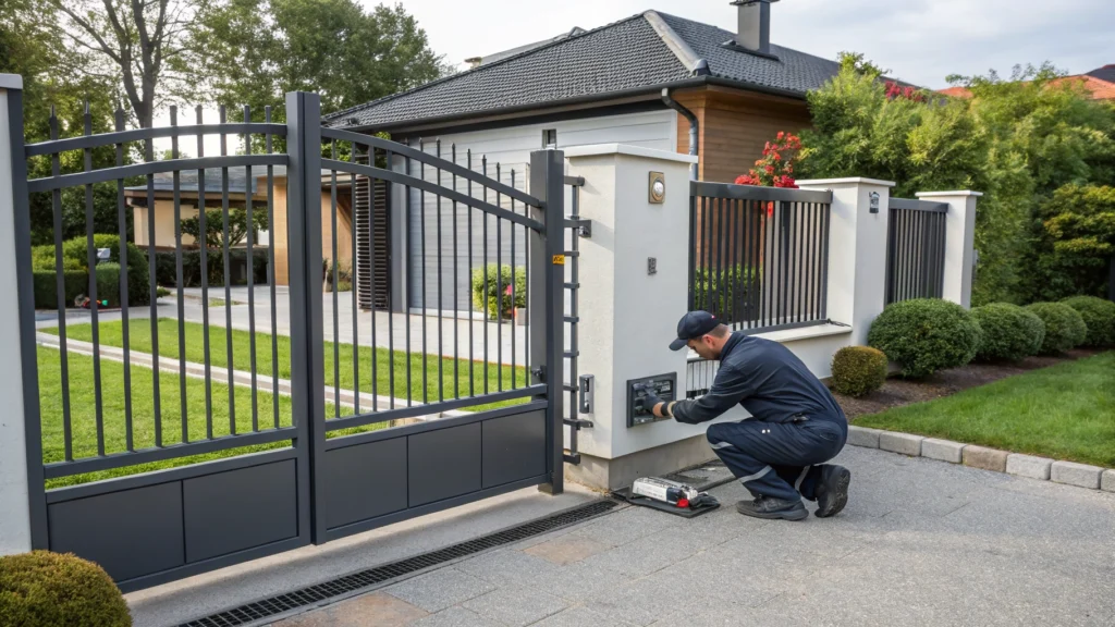 Technician performing automatic gate repair at a residential property to ensure proper functionality.