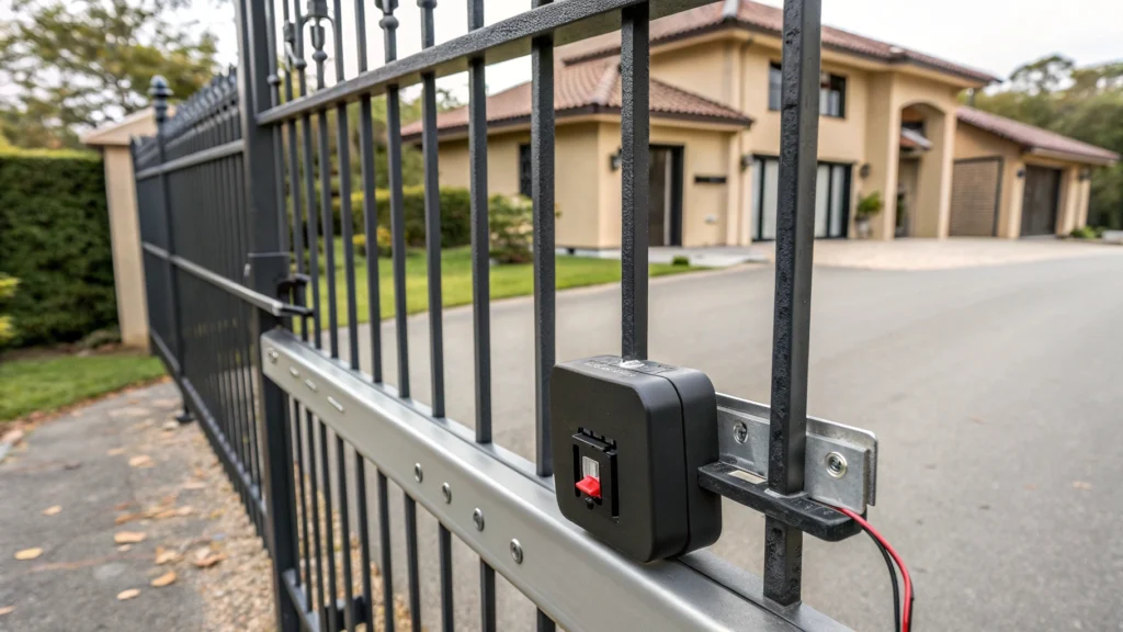 Close-up of a broken safety sensor on an automatic gate, causing malfunction.