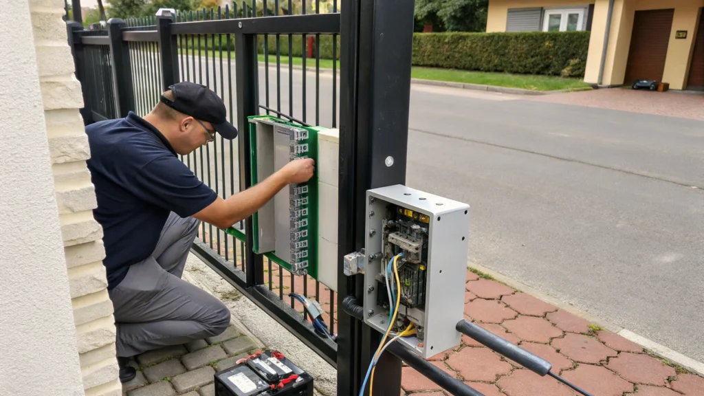 A technician working on repairing a malfunctioning safety sensor for an automatic gate.