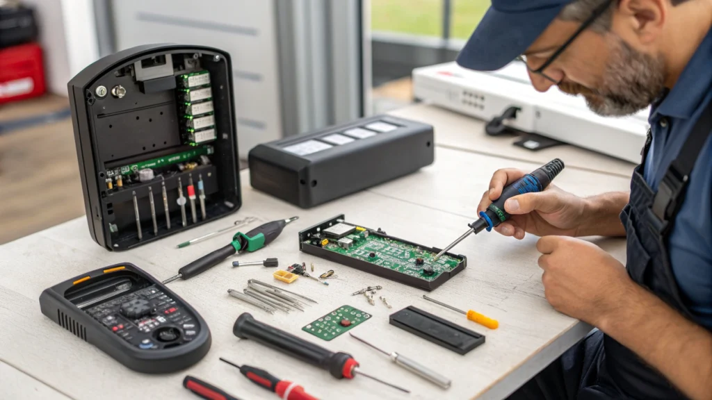 A technician repairing a broken remote control for a gate system, working on the internal circuit board.