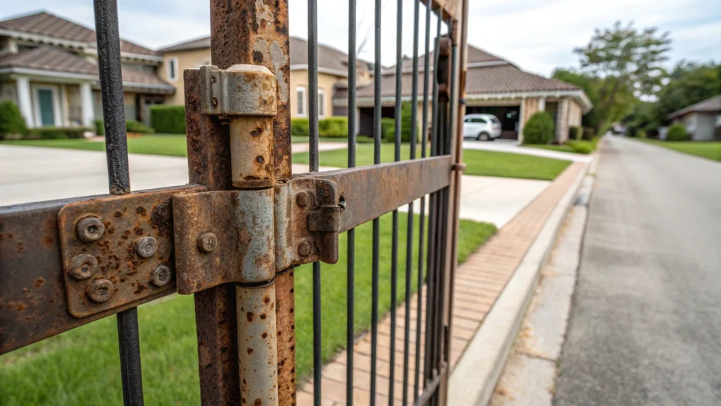 Close-up of rusty, worn-out hinges on an automatic gate, showing signs of corrosion and wear.
