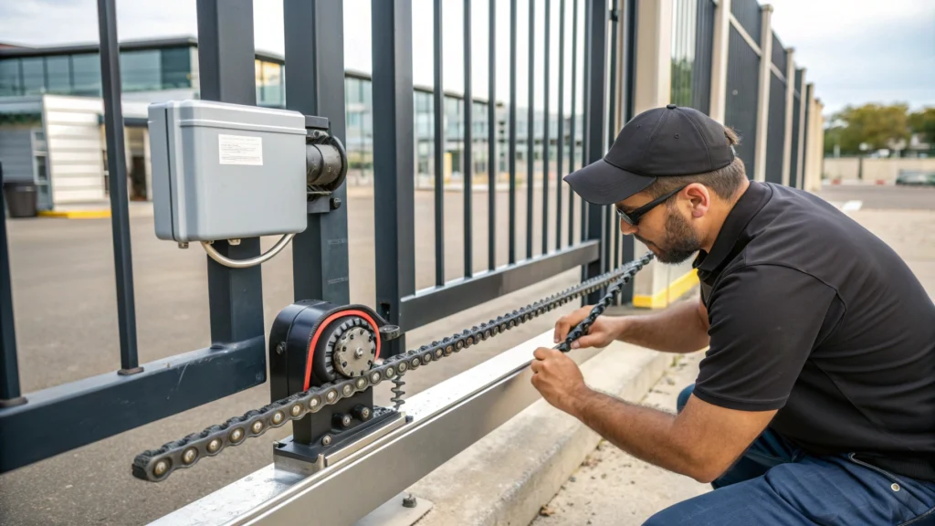 A technician repairing the chain mechanism of a sliding gate automation system.