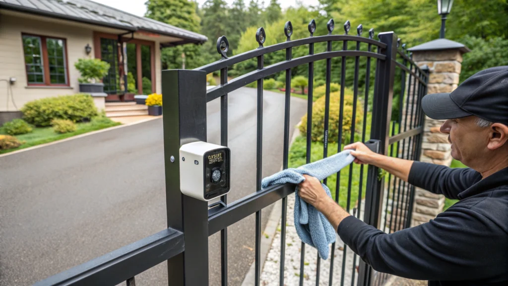 A technician cleaning the safety sensor of a driveway gate with a cloth.
