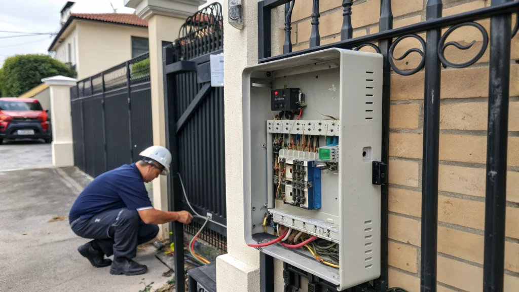 A technician inspecting the power supply system of an electric gate, checking wiring and components.