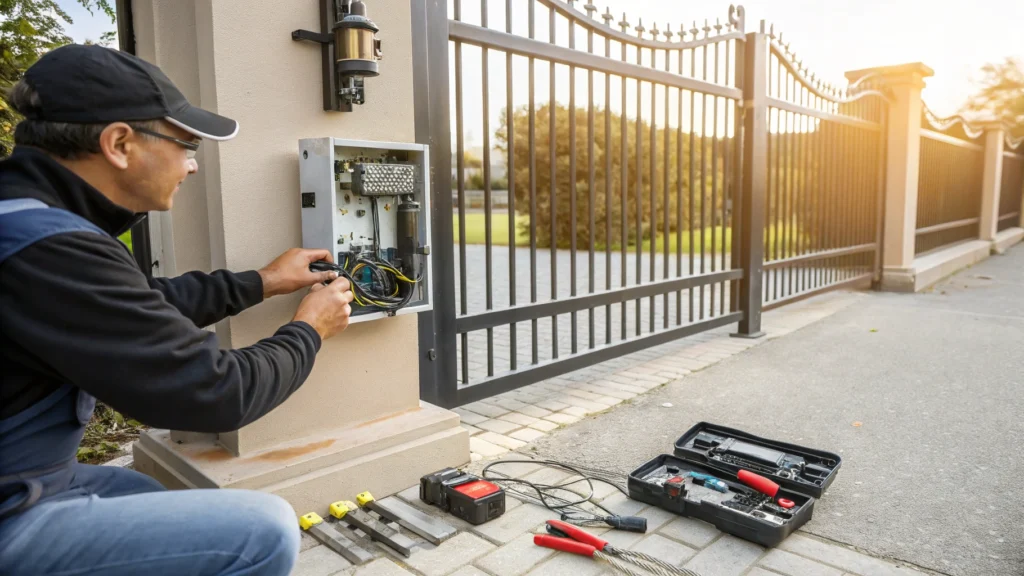 A technician working on the automation system of a driveway gate, part of Gate Automation Repair.