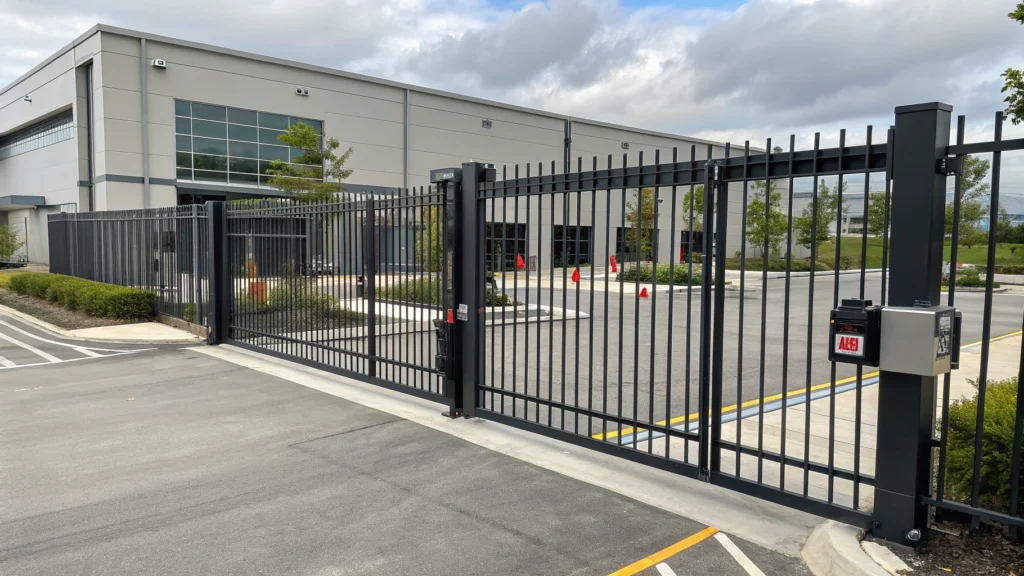 A commercial security gate with an automated mechanism in operation at the entrance of a building.