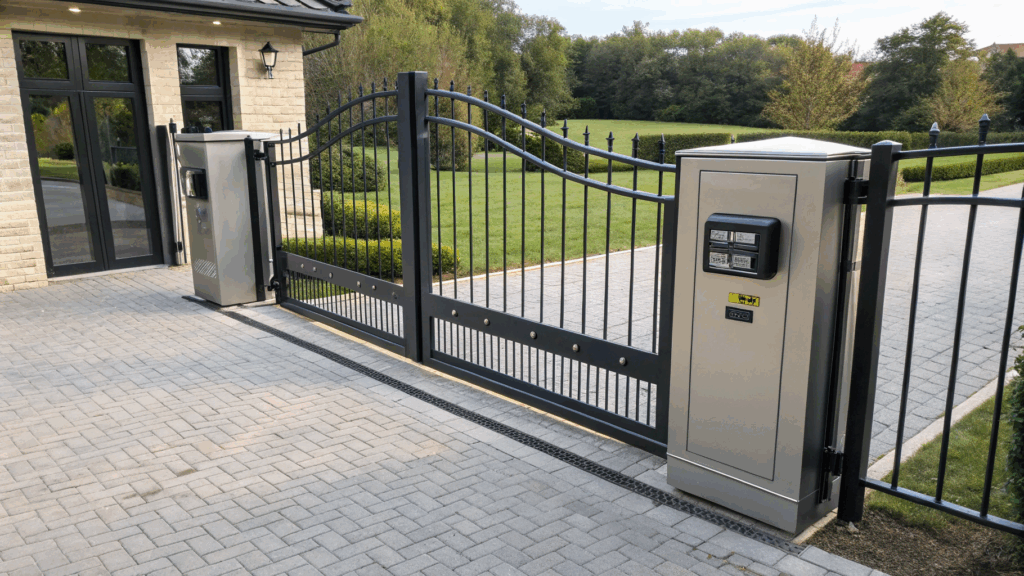 A motorized driveway gate with electric controls installed at a residential property for secure access.