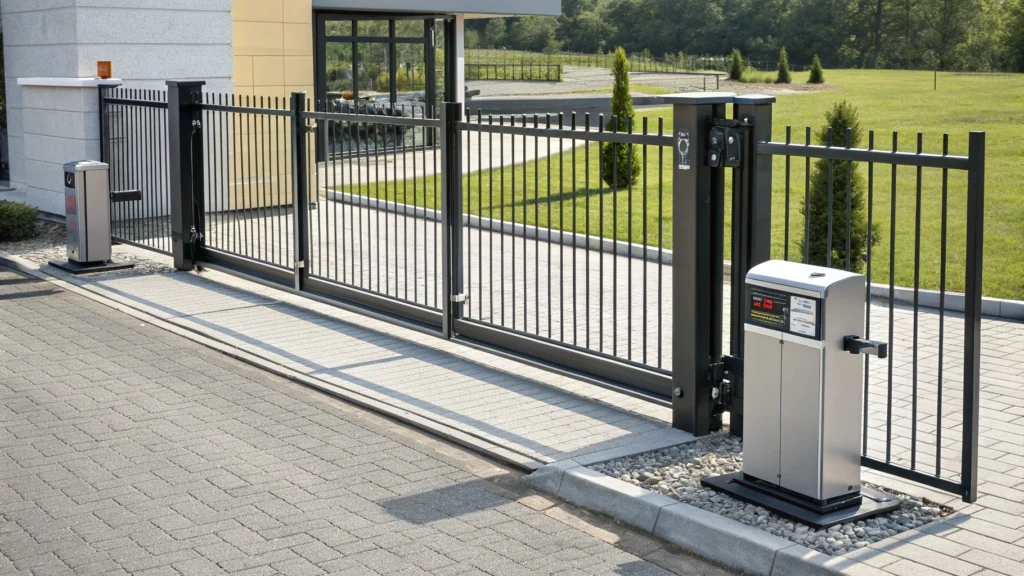 A commercial sliding gate with an automated control panel.