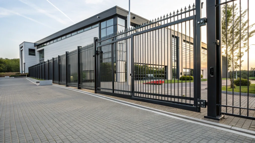 A commercial sliding gate with an automated control system and a sleek design.
