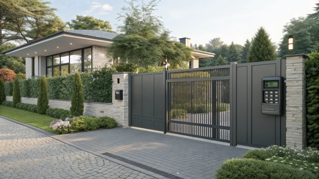 A stylish residential electric gate with modern design, integrated security features, and beautiful landscaping.
