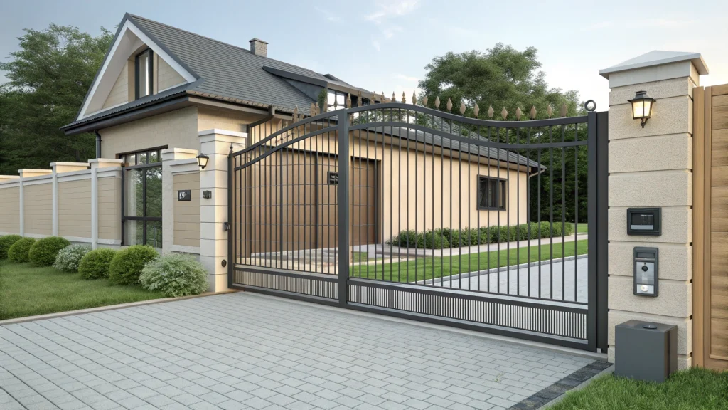 A sleek, elegant sliding driveway gate with modern security features installed at a residential property.