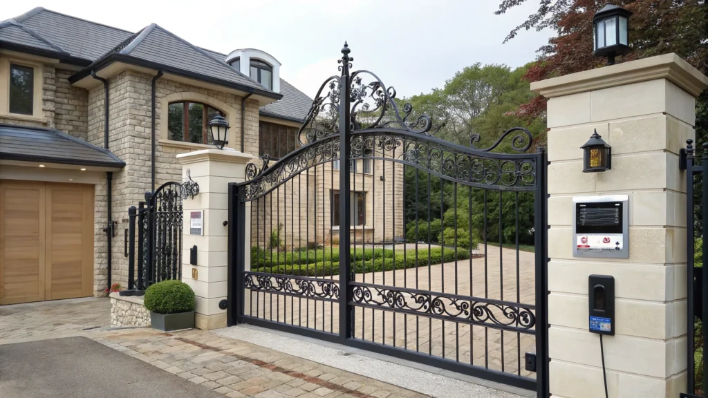 A close-up of an elegant electric swing gate with intricate scrollwork and security features.