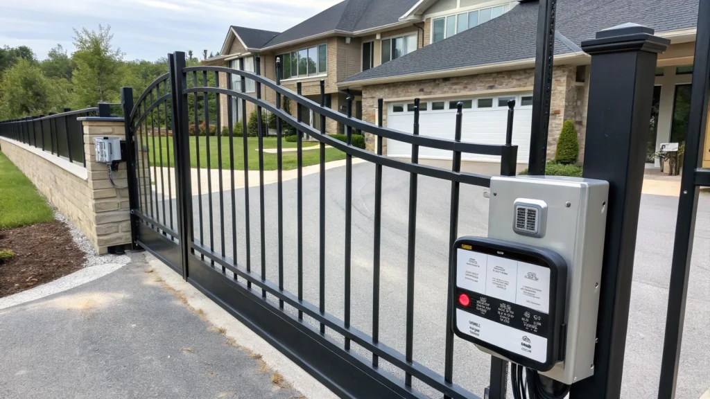 A swing gate opener in action, controlling the opening mechanism of a residential gate.