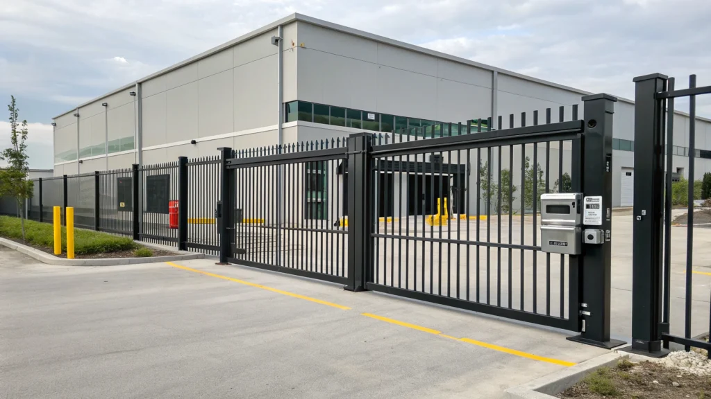 A modern commercial electric driveway gate with sturdy design for added security in industrial settings.