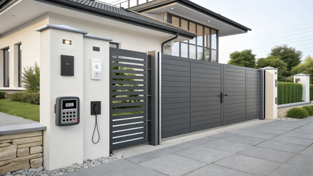 A modern electric driveway gate with sleek metal slats and high-tech security features.