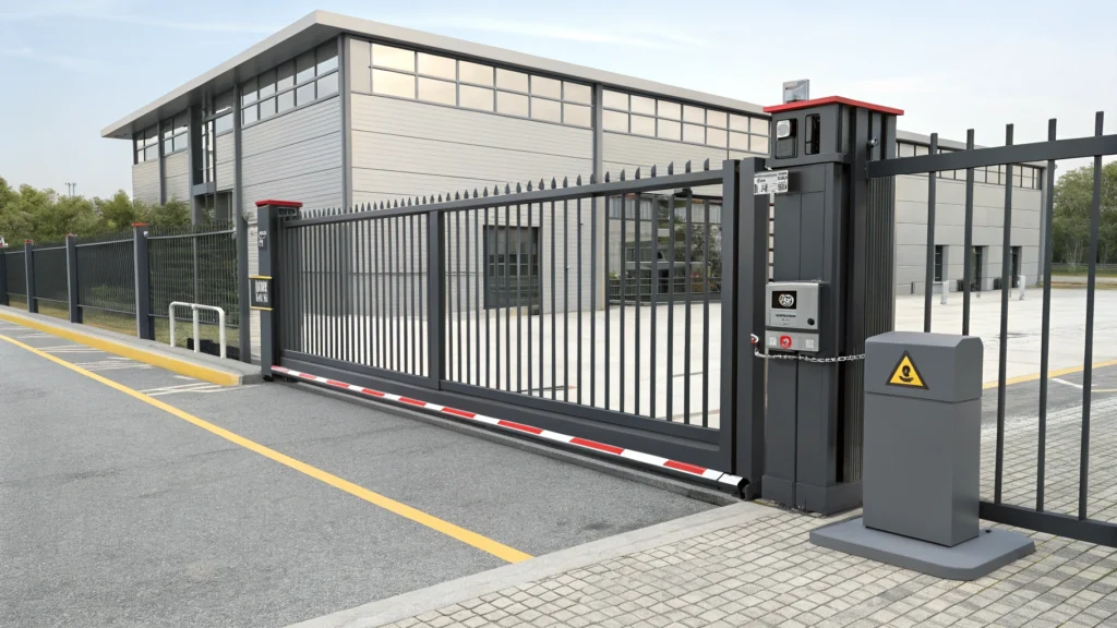 A commercial automatic driveway gates with modern design, ideal for business security.