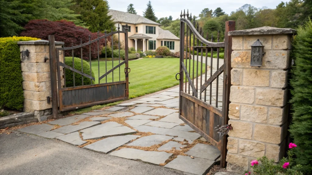 A well-maintained driveway gate with stone pillars, surrounded by greenery and a paved pathway, ideal for Driveway Gate Repair.