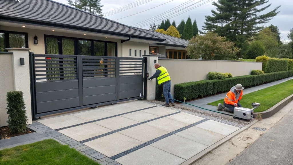 Two workers installing an electric driveway gate at a residential property, enhancing security and convenience.