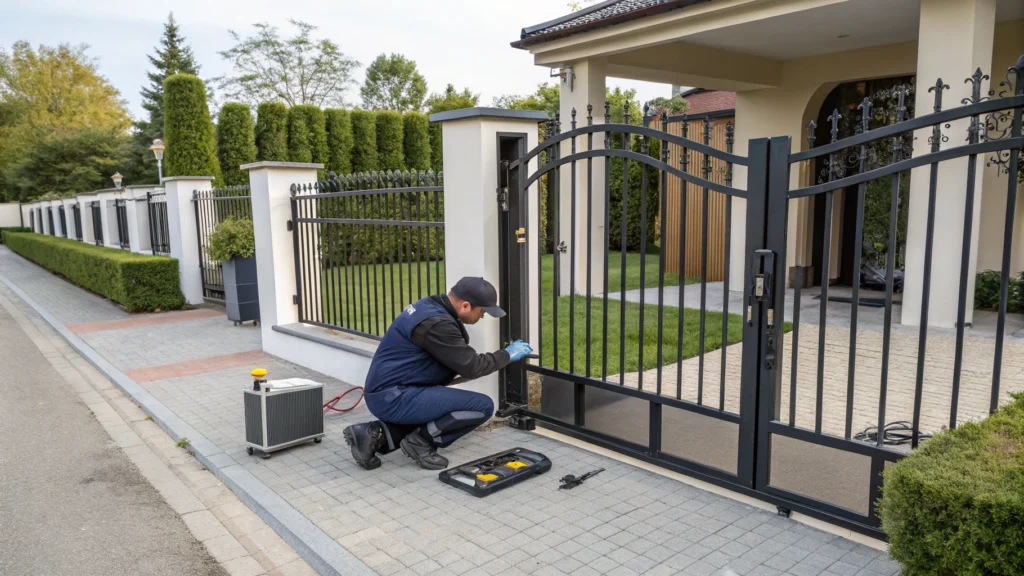 A technician performing Electric Gate Repair for a residential property.
