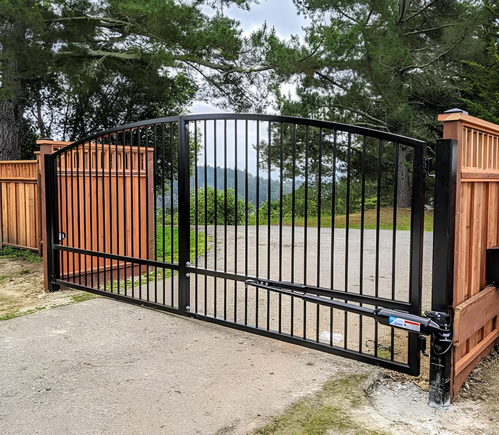 Automatic driveway gate installation with sleek black design and automated control mechanism.