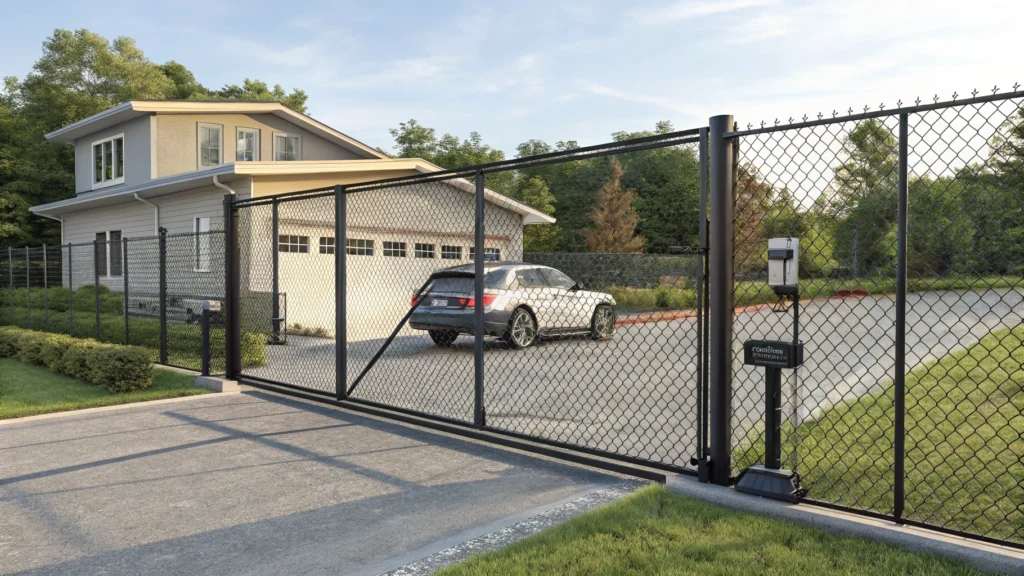 A residential chain link sliding gate with automated access control system, providing security and privacy.
