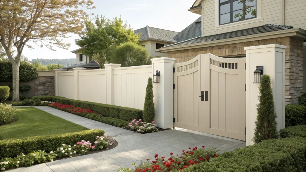 A beautiful vinyl swing gate with a modern design in a residential setting.