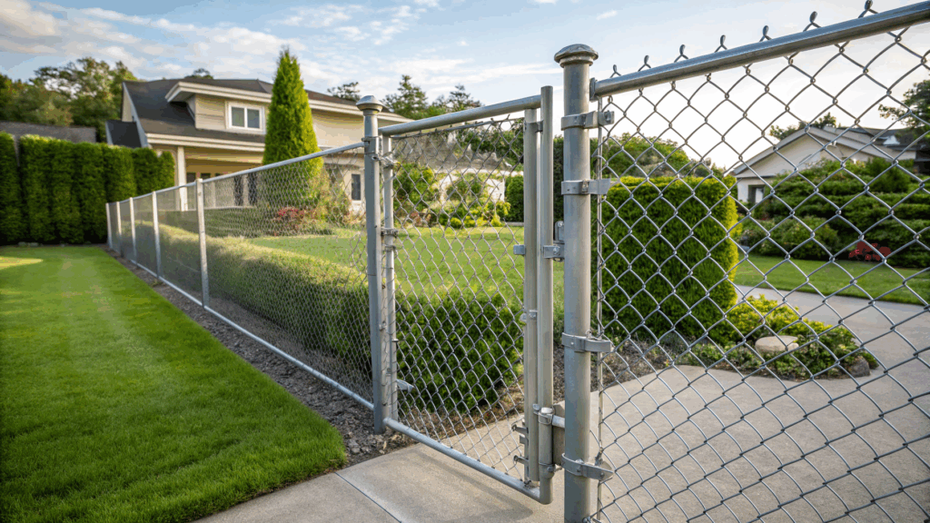 A close-up of a chain link fence with a gate in a well-maintained residential yard.