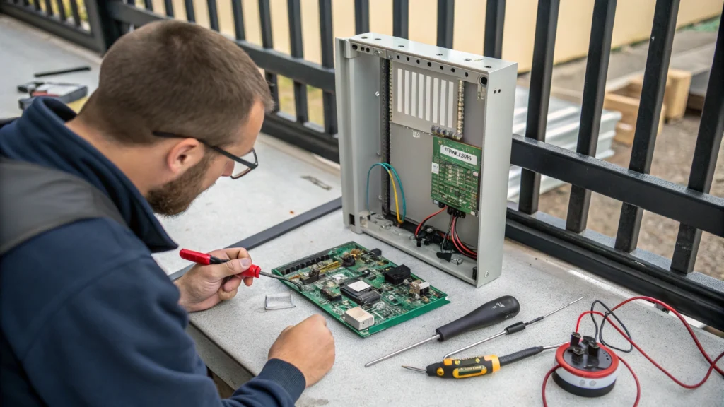A technician working on the circuit board of a driveway gate’s control box, troubleshooting electrical issues.