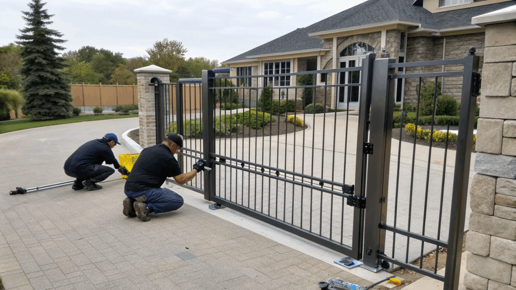 Two technicians installing a metal driveway gate at a residential property, ensuring proper functionality.