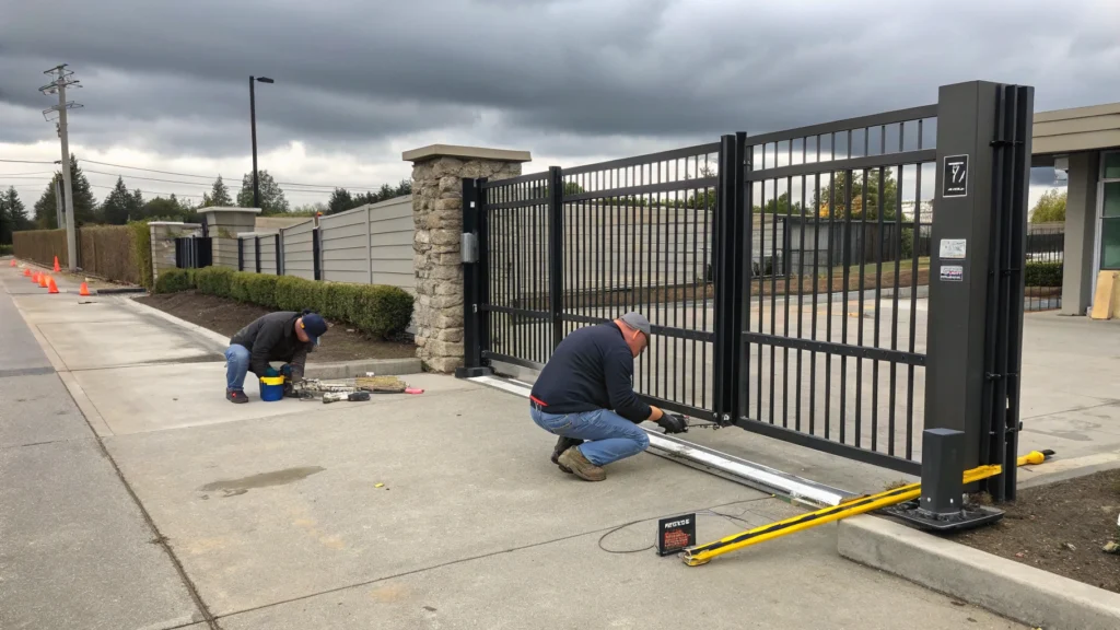 Technician performing repairs on a commercial security gate system with tools and equipment.