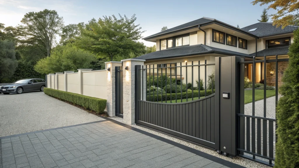 A modern sliding gate with a sleek design in a residential setting, leading to a well-maintained driveway and garden.