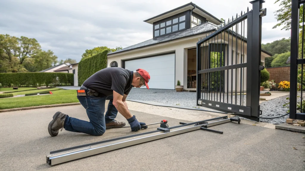 A technician aligning the frame of a driveway gate, ensuring proper installation.