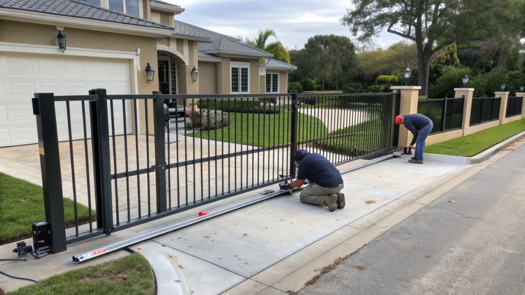 Two workers installing a sliding driveway gate at a residential property, ensuring secure access.